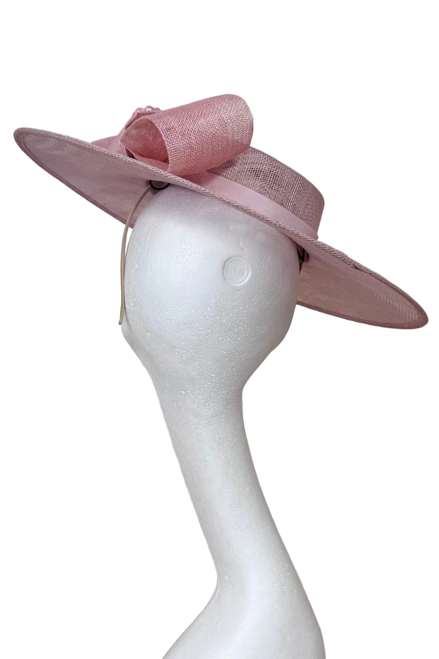 Pale Pink Boater Hat with Pearled Bow for Hire