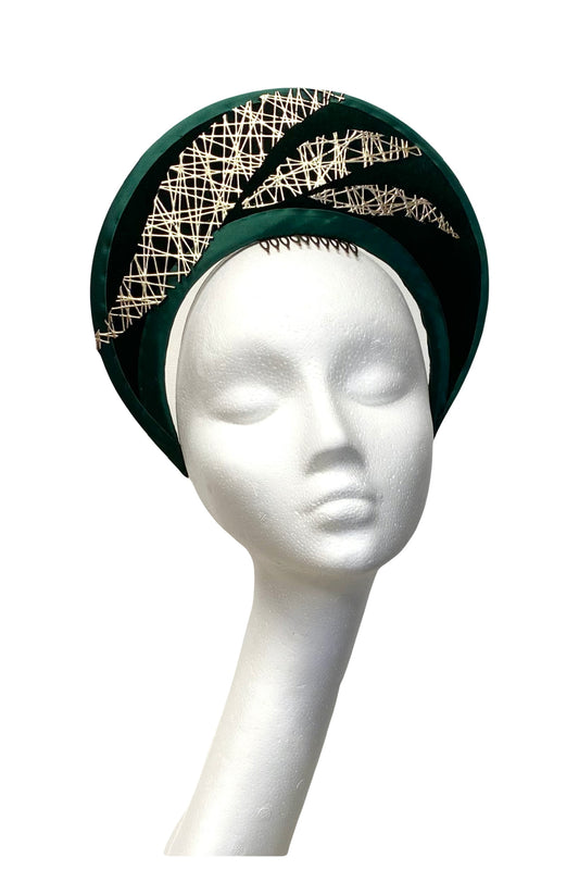Green and gold velvet crown headpiece to hire