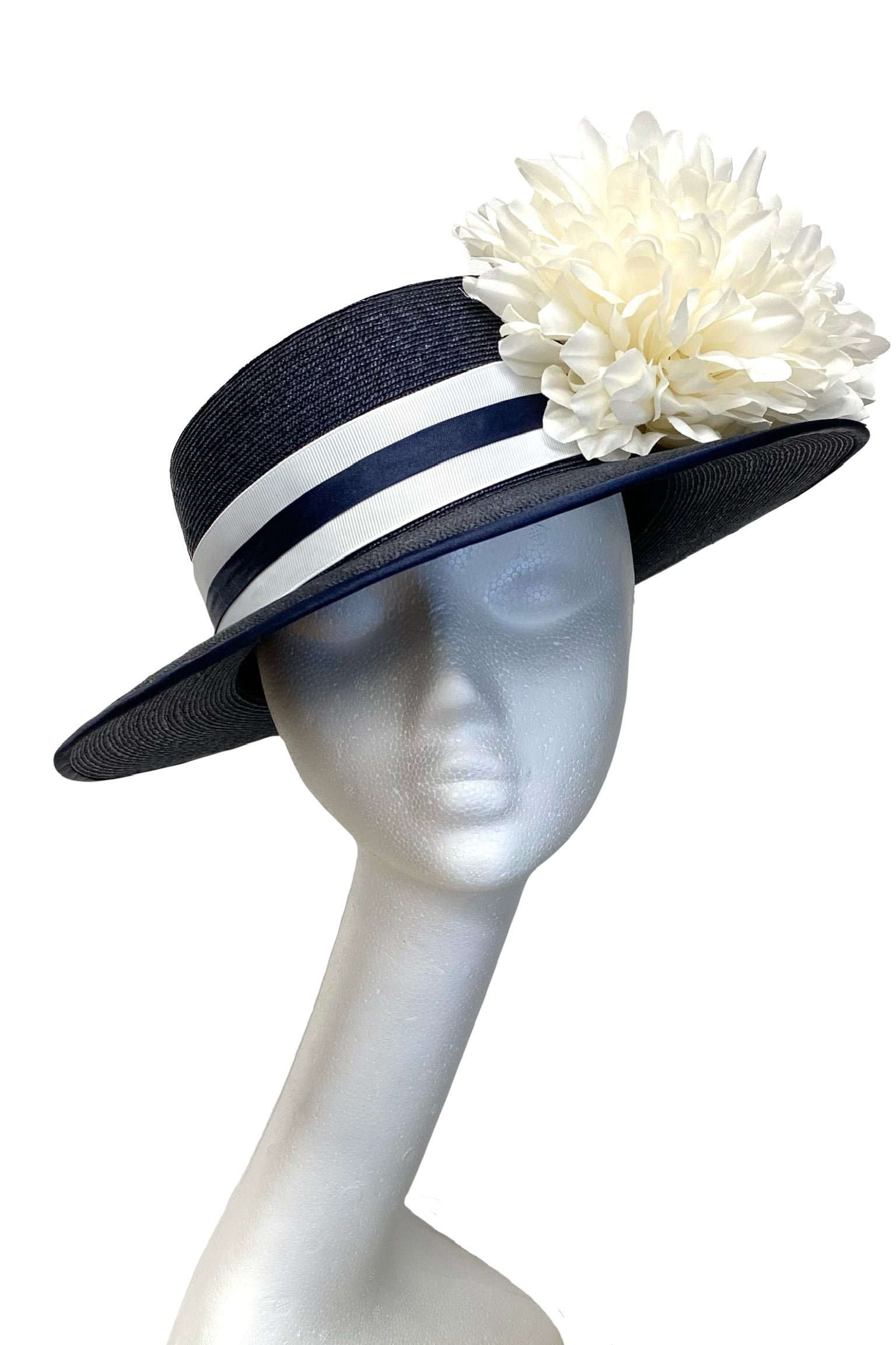 Navy and ivory boater hat for hire at Alison Roe Hat Hire Tipperary Alison Roe Millinery