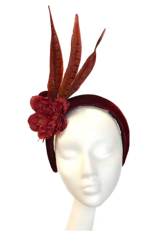 Wine Red Velvet Feather Headband for Hire (R2)