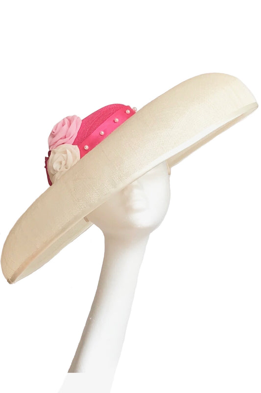 Large Brim Ivory Hat with Hot Pink Crown for Hire (W9)