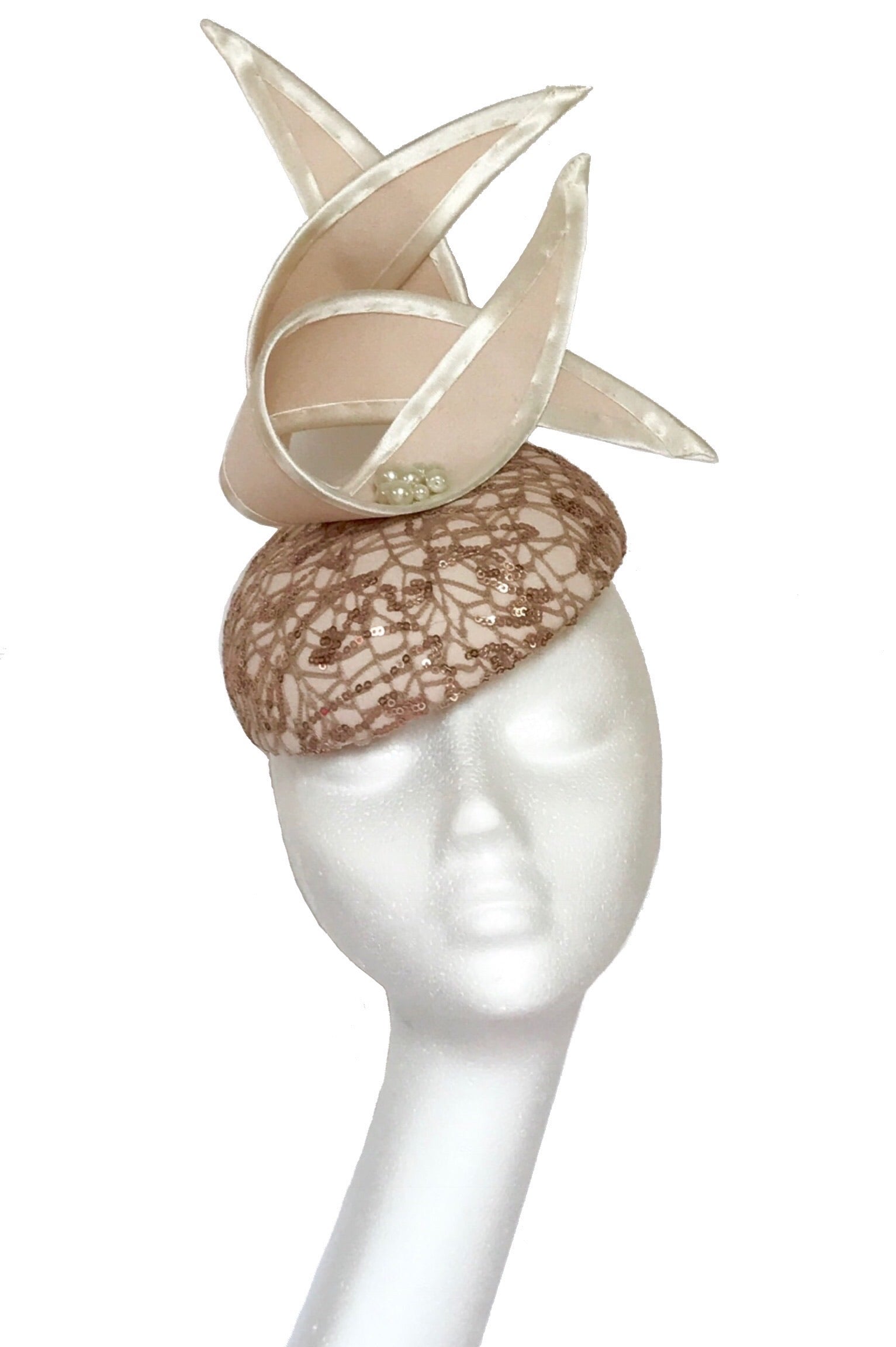 Nude designer hat for hire at Alison Roe Millinery Tipperary hat hire