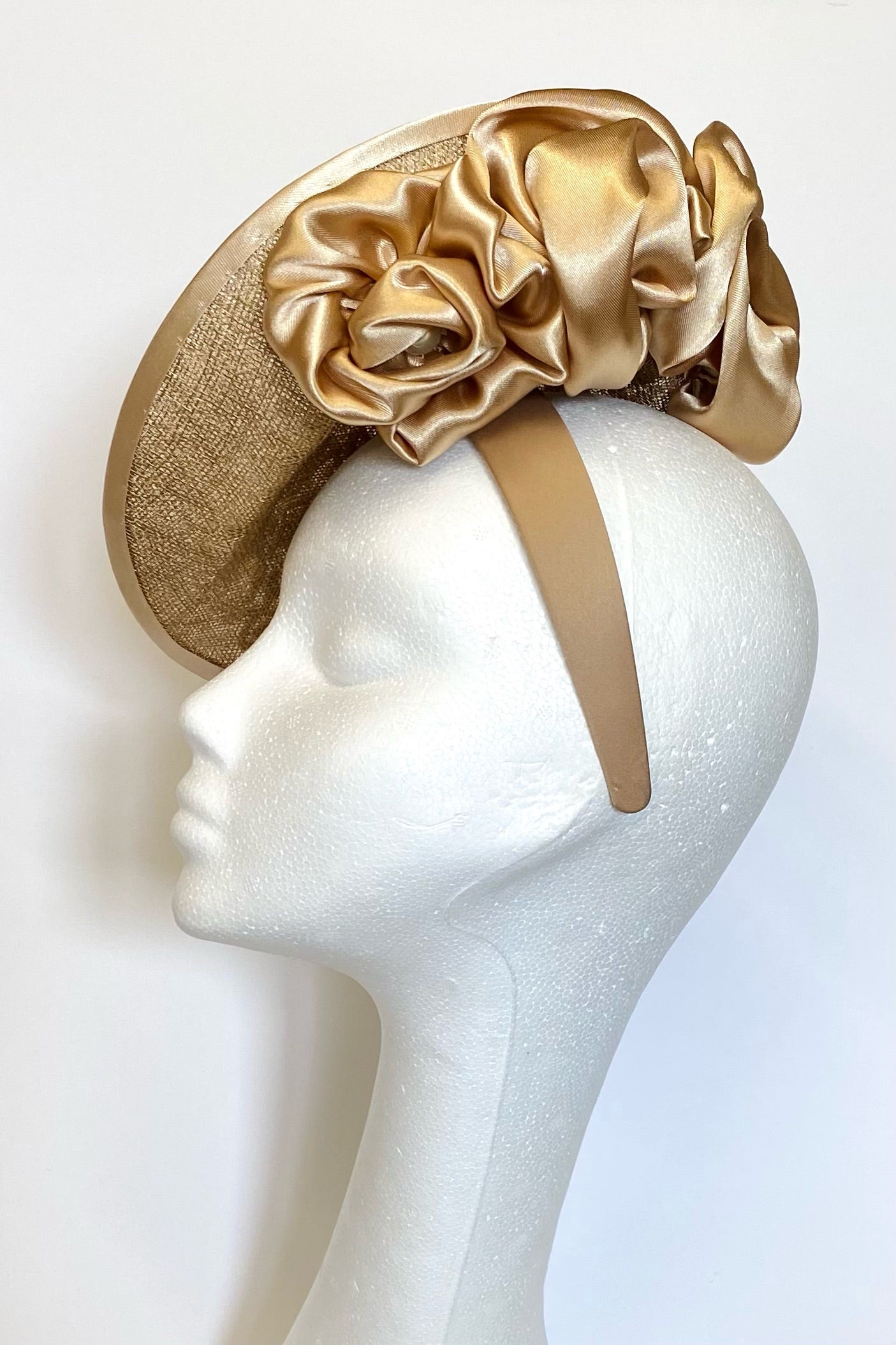Gold Headpiece embellished with roses and lace for Hire (G12)
