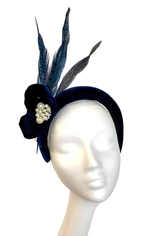 navy velvet fascinator to hire