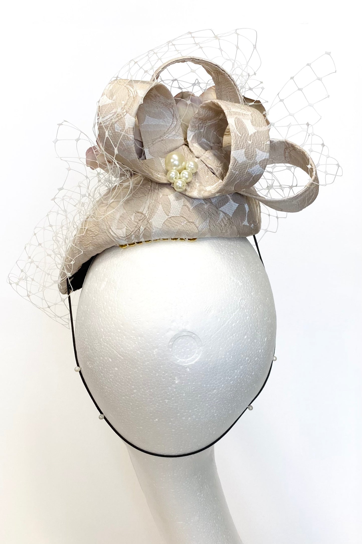 Taupe Textured Teardrop Headpiece for Hire (NB15)