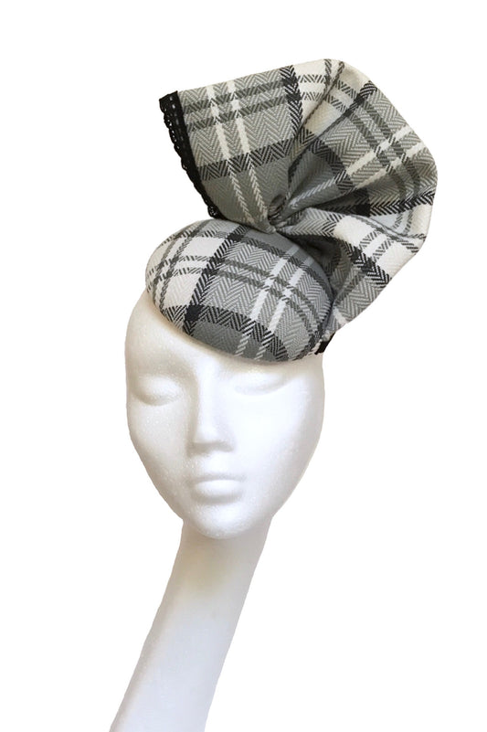 Grey check tweed headpiece to hire