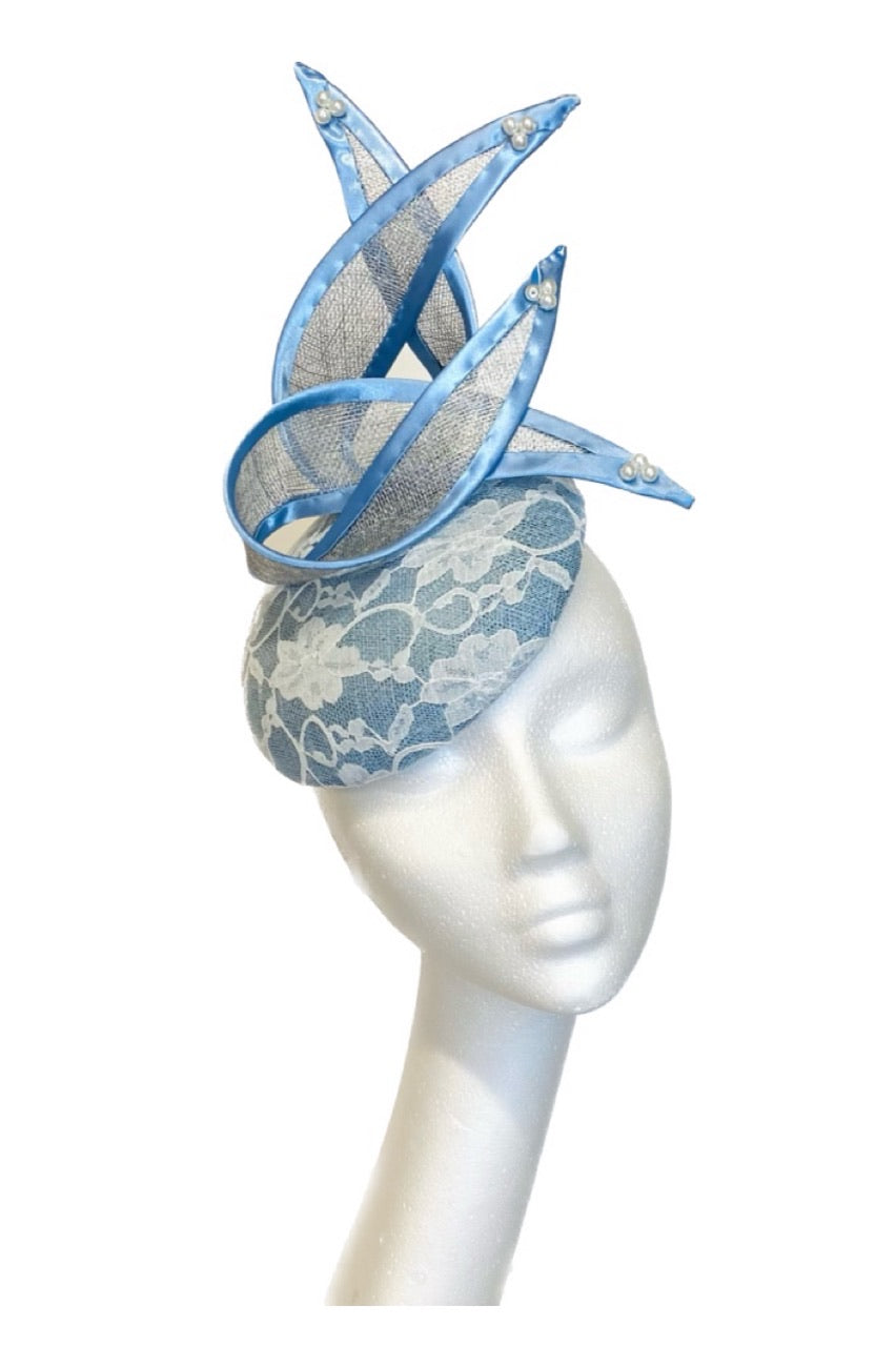 Blue designer hat for hire at Alison Roe Millinery Tipperary hat hire