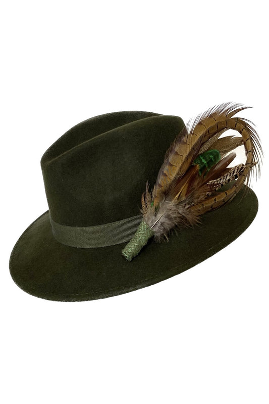 Chloe - Dark Green Fedora with Green Feather Pin