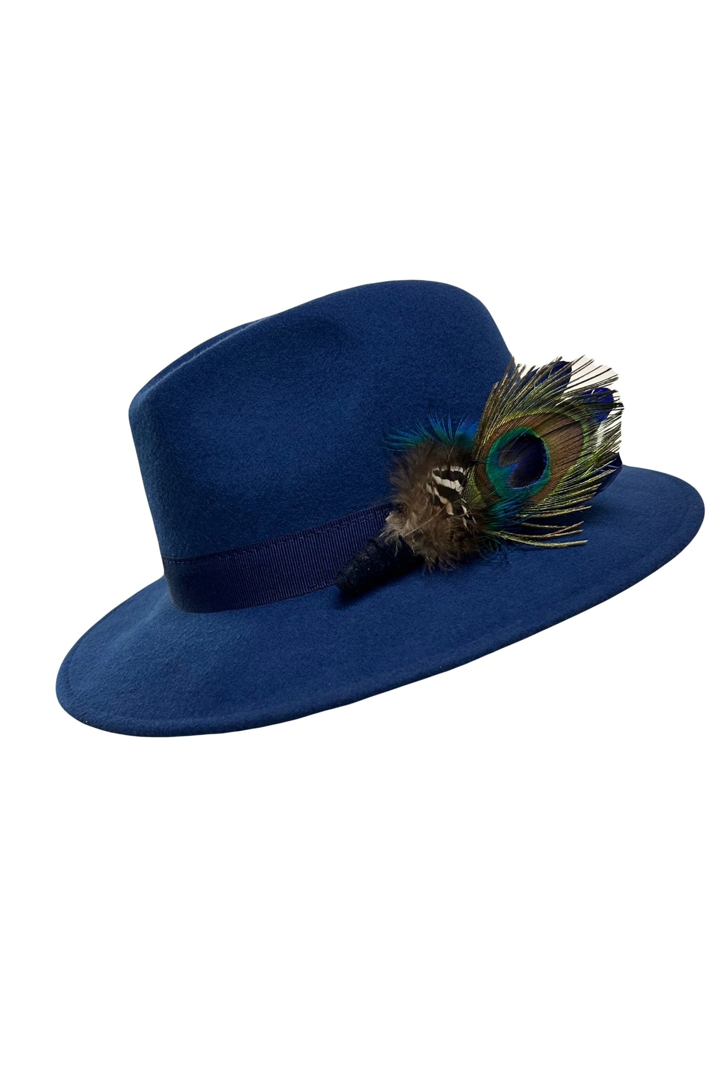 Chloe - Blue Fedora with Peacock Feather Pin