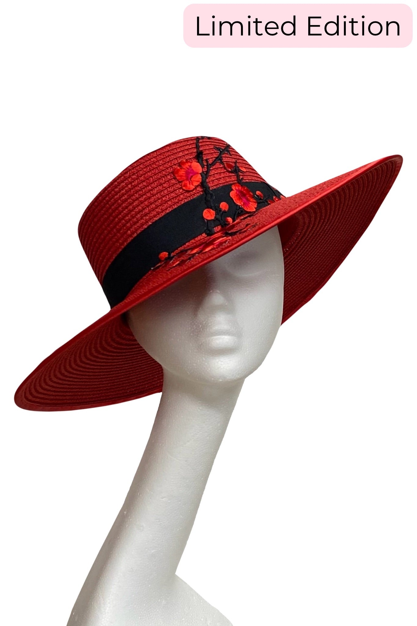 Daphne large brimmed red hat. Alison Roe Millinery