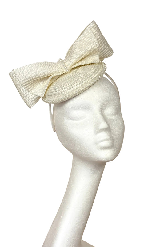 Ivory Straw Headpiece with Pearl Trimmed Bow for Hire (W26)
