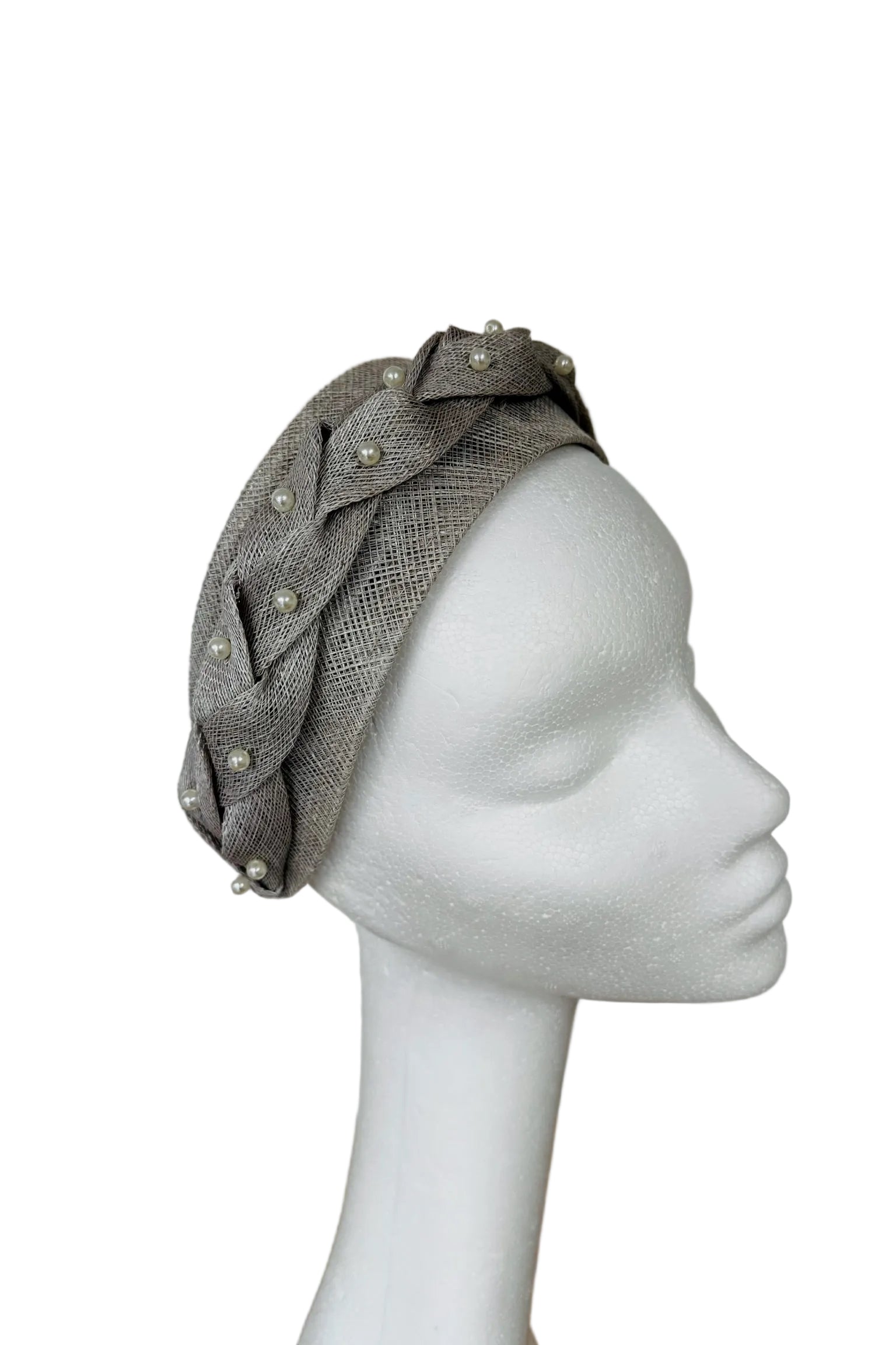 Light grey headband to hire. 