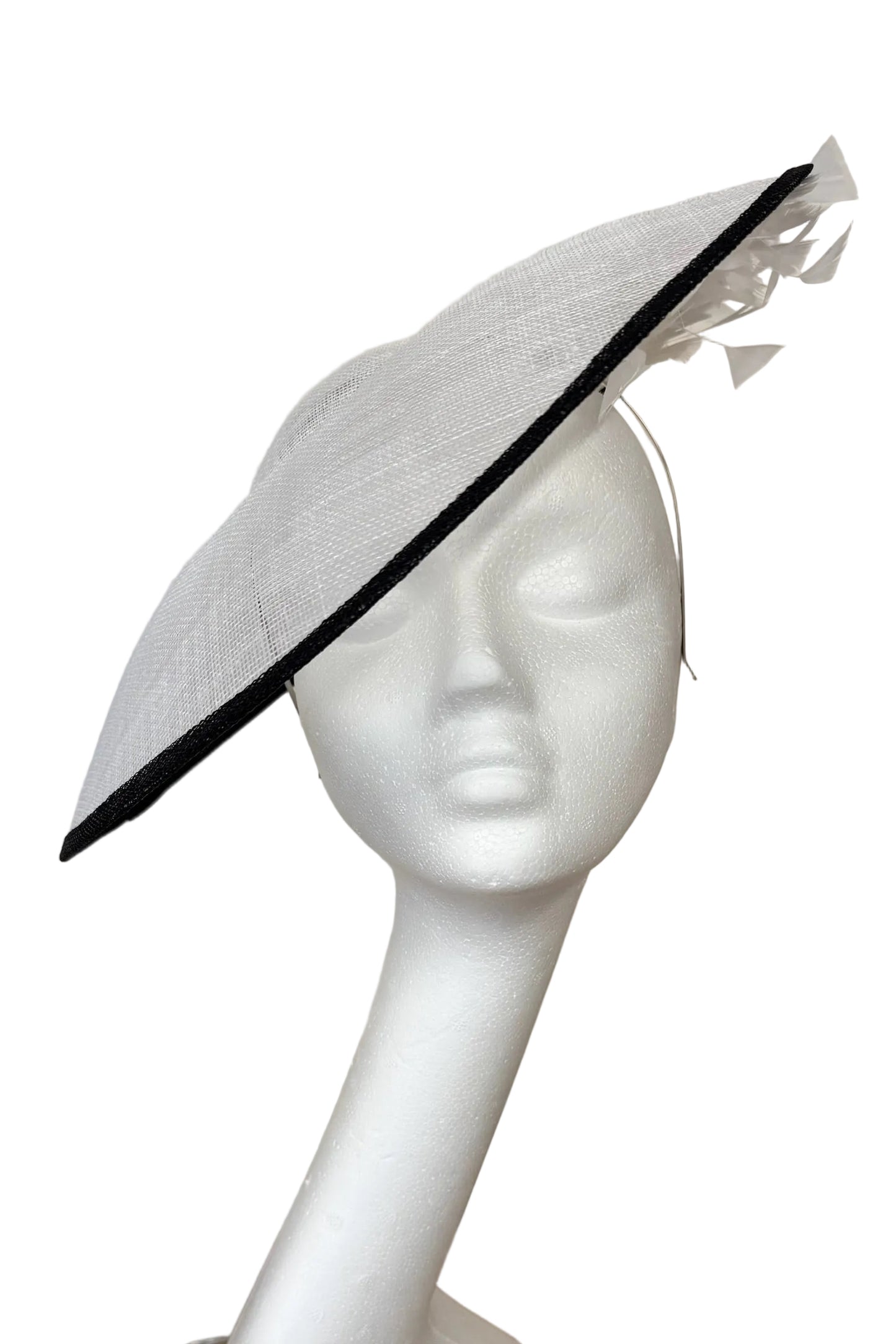 Large white hat with black trim to hire