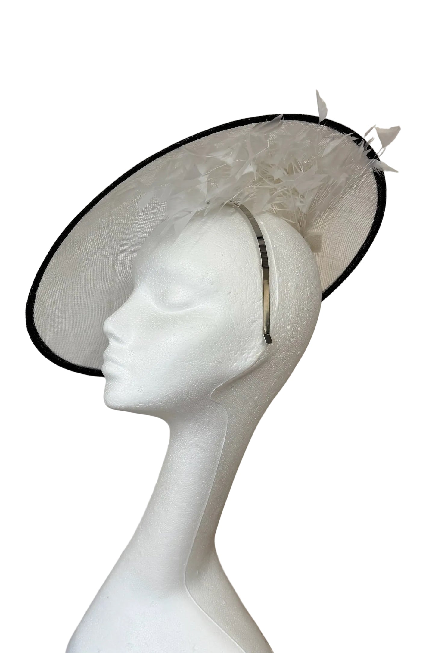 Large white hat with black trim to hire