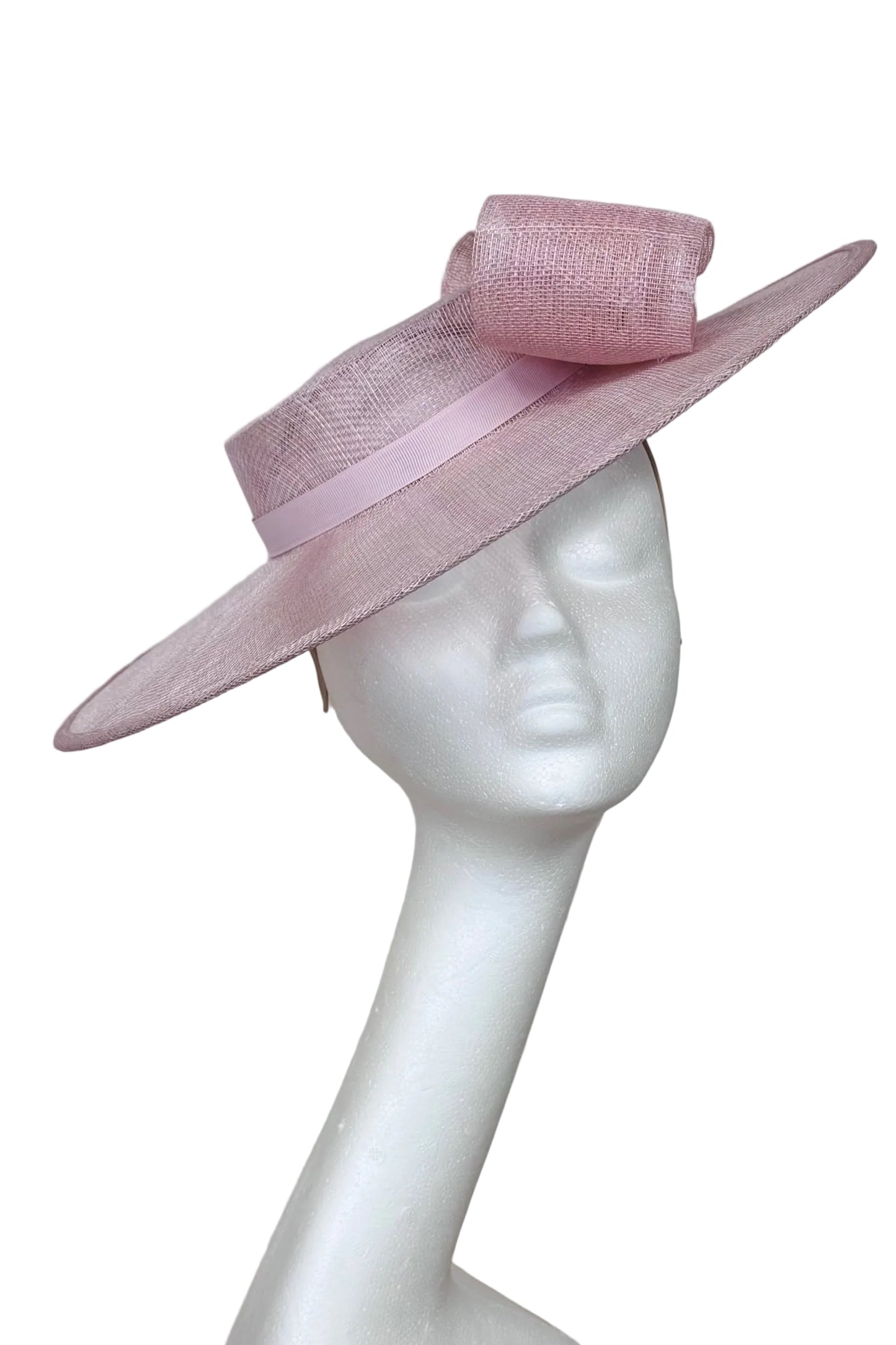 Pale Pink Boater Hat with Pearled Bow for Hire 