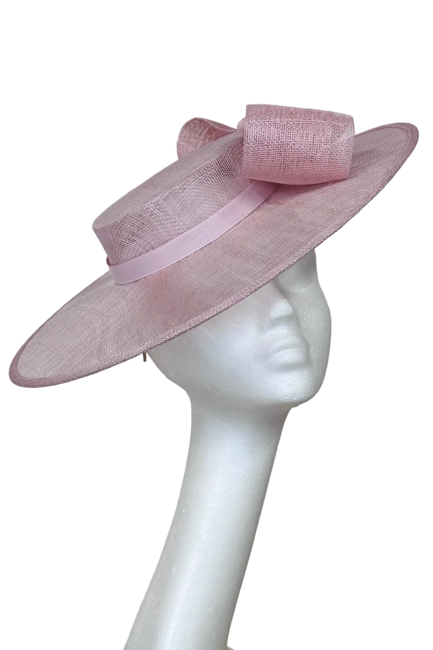 Pale Pink Boater Hat with Pearled Bow for Hire 