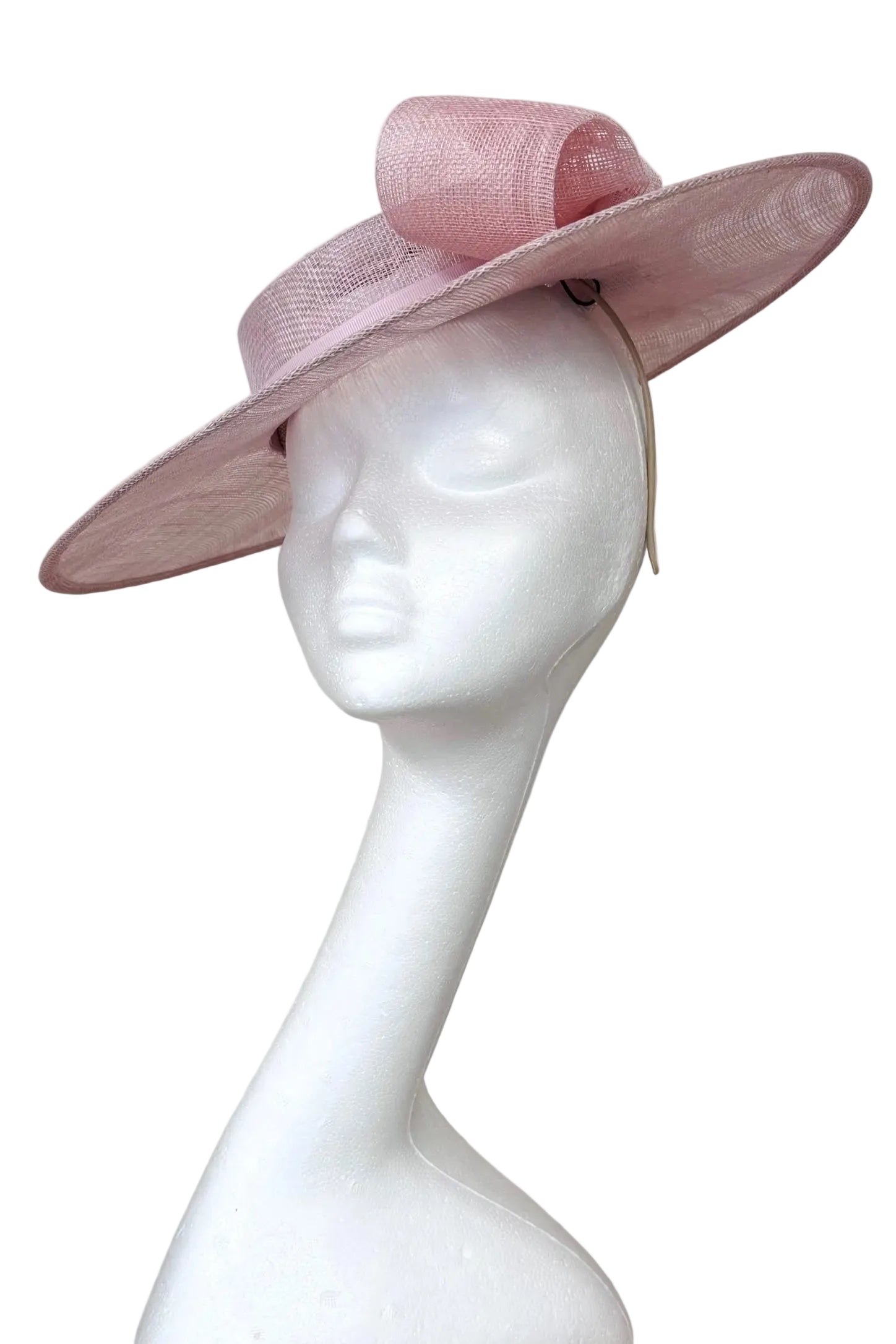 Pale Pink Boater Hat with Pearled Bow for Hire 