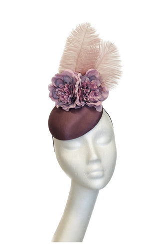 Headpiece in Grape with Pink Ostrich Feathers for Hire (PP12)