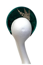 Green and gold velvet crown headpiece to hire