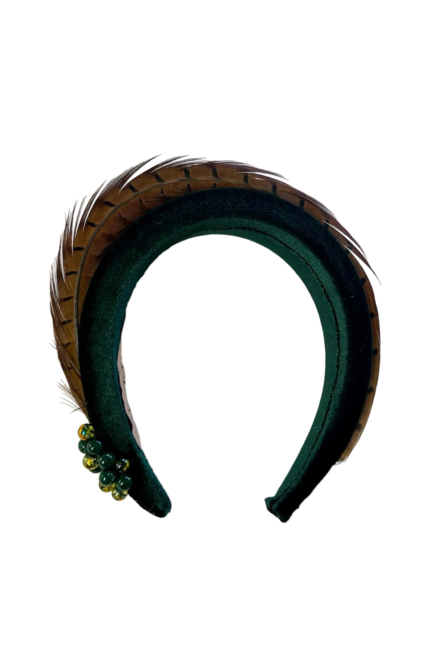 Green headband with brown band and decorative beads on a white background