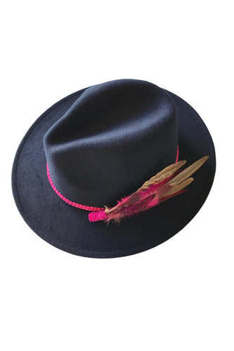 Chloe - Navy Fedora with Pink Feather Pin