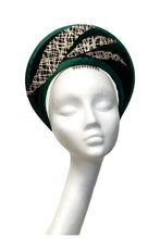 Green and gold velvet crown headpiece to hire