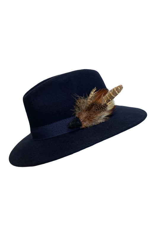 Chloe - Navy Fedora with Small Brown Feather Pin