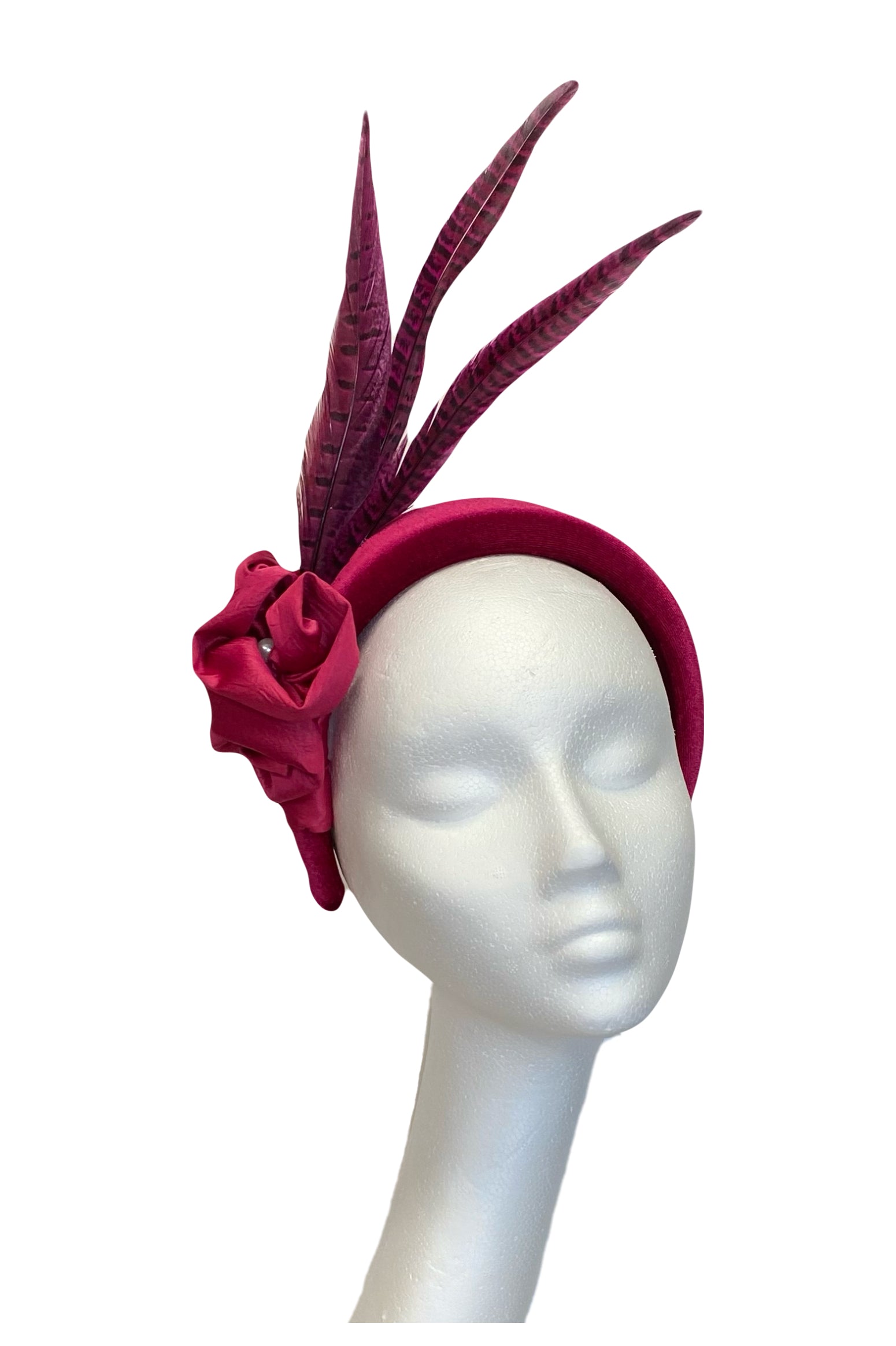 Pink velvet feather headband to hire