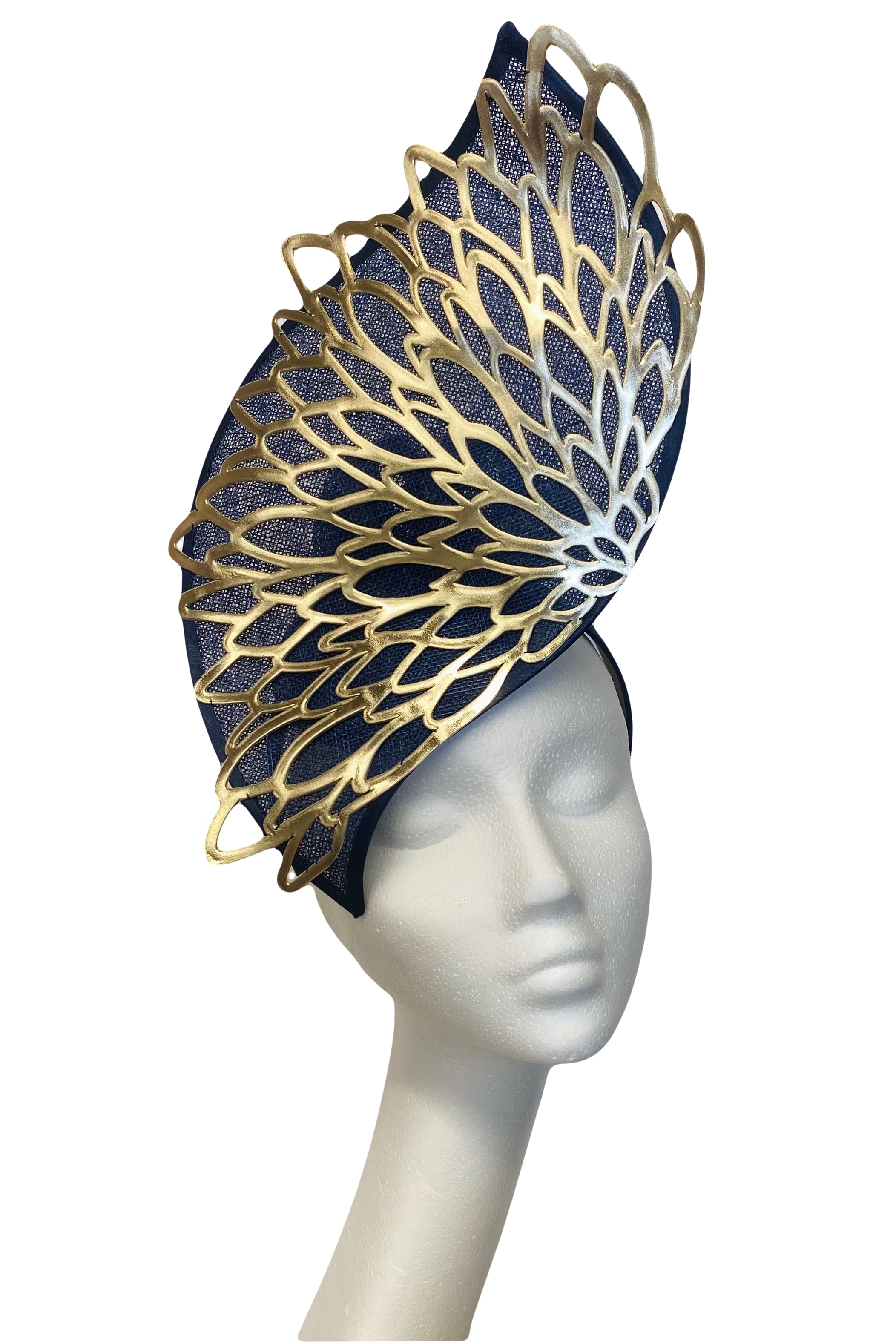 Large navy gold hat for hire at Alison Roe Hat Hire Tipperary – Alison ...