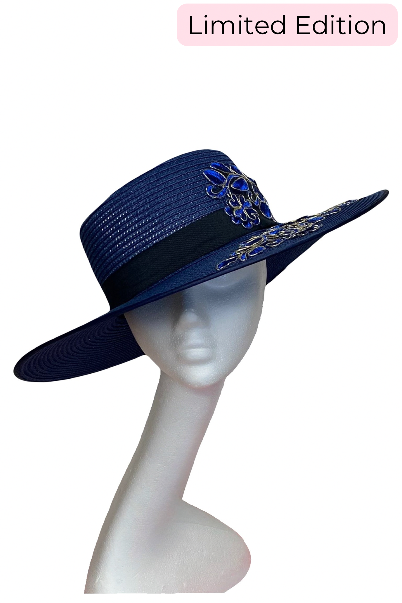Daphne large brimmed navy blue hat. Alison Roe Millinery