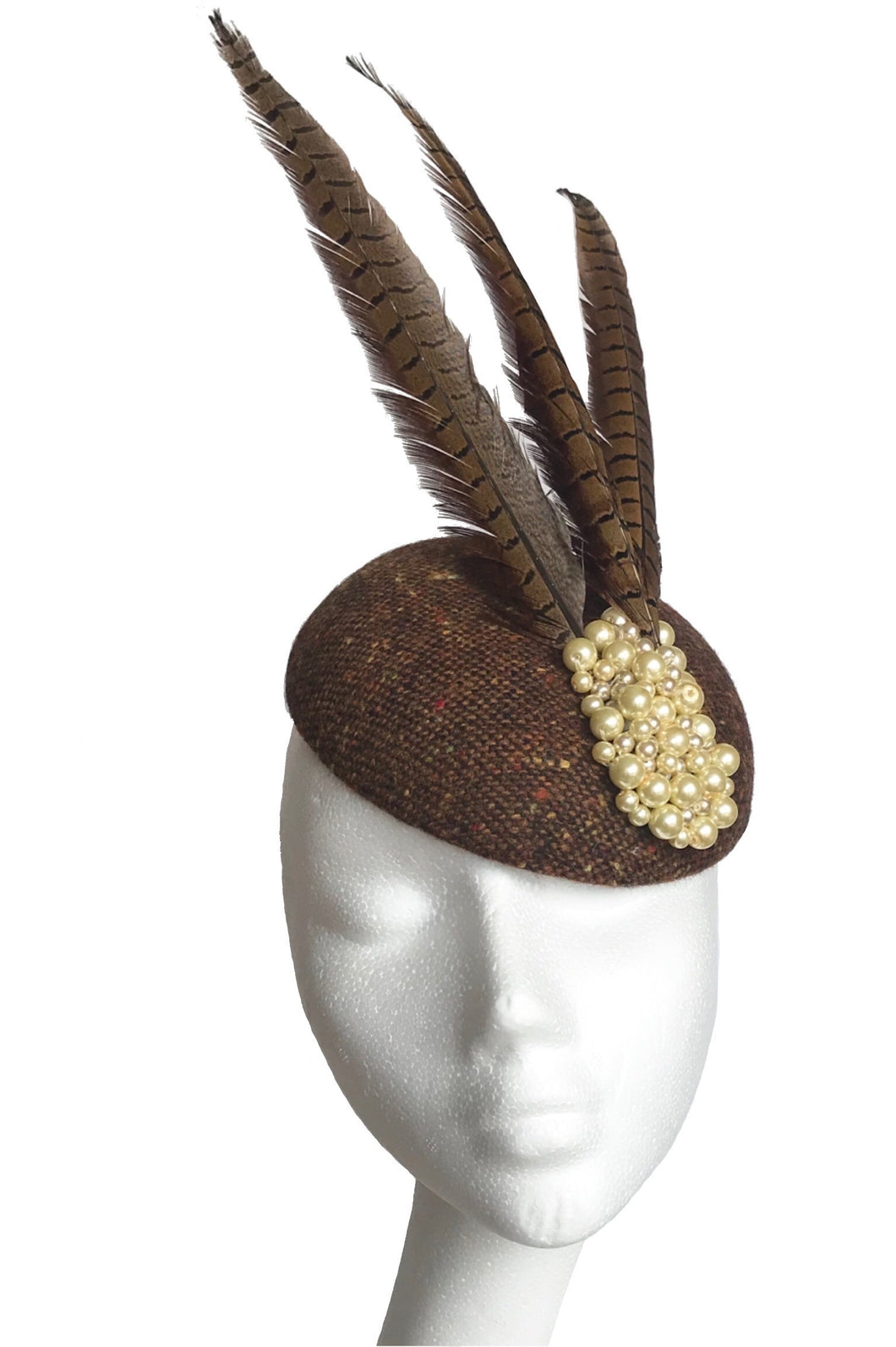 Brown tweed headpiece to hire