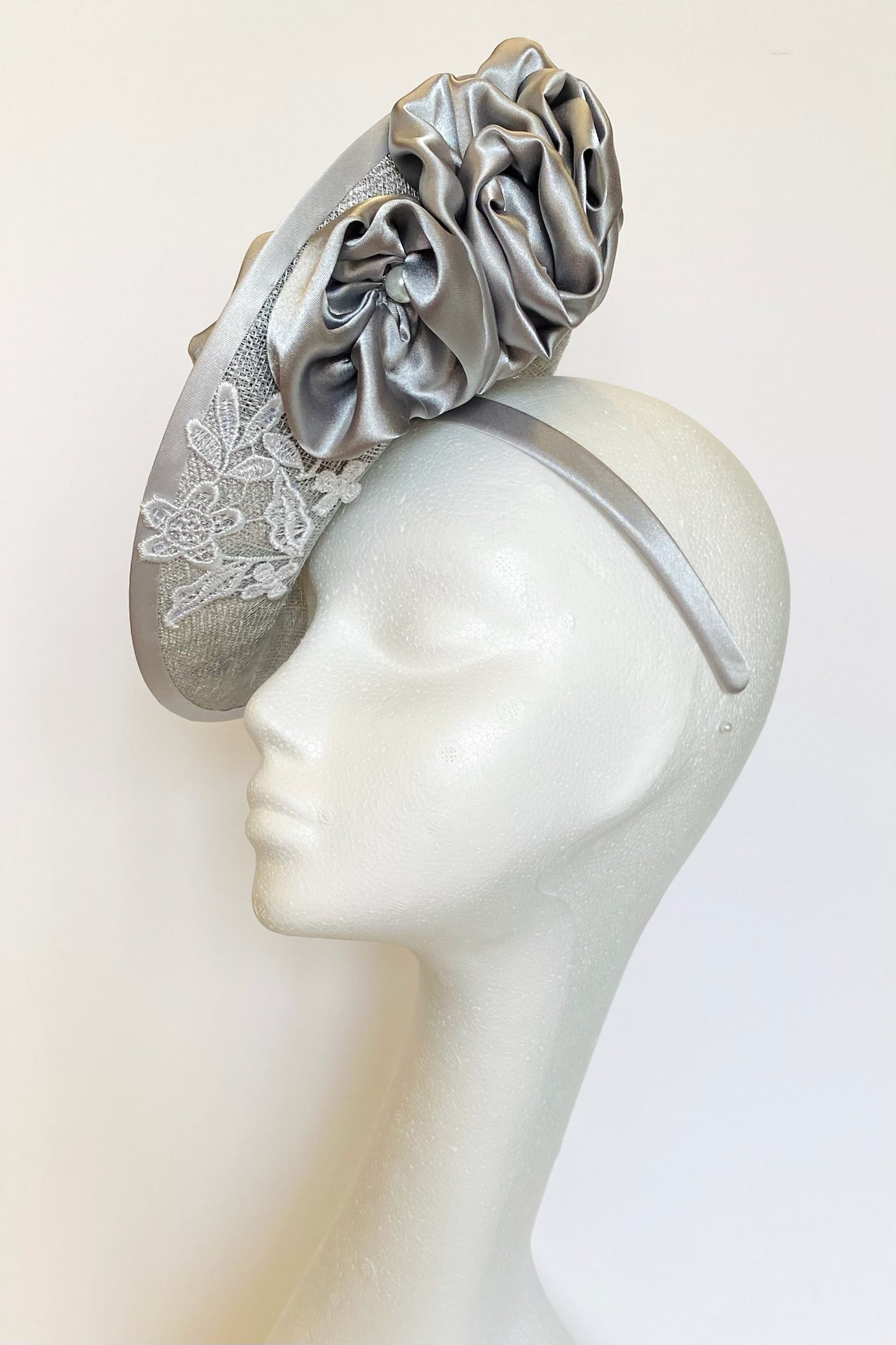 Silver Headpiece embellished with roses and lace for Hire (SG12)