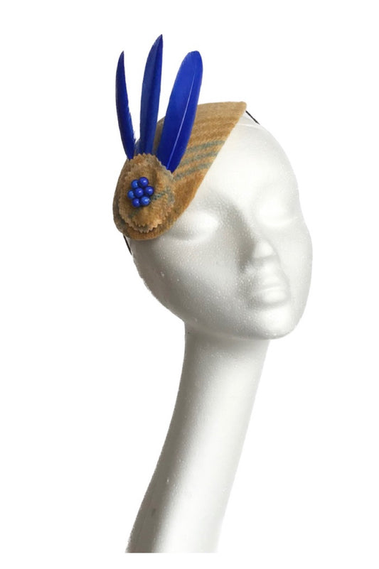 mustard and blue tweed headpiece for winter racing