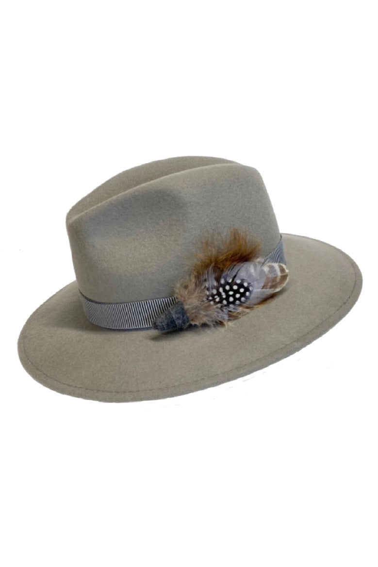 Grey Fedora hat with feather hat pin