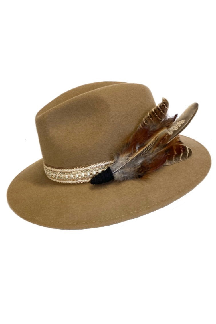 Camel beige fedora hat with feather hat pin