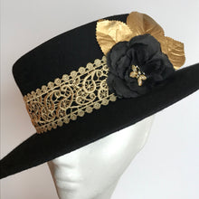 Black Felt Boater Hat with Gold Trim for Hire (BK14)