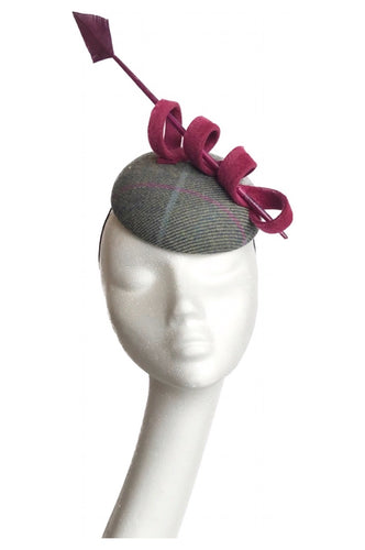 Wool Tweed Headpiece with Plum Feather for Hire (PK8)
