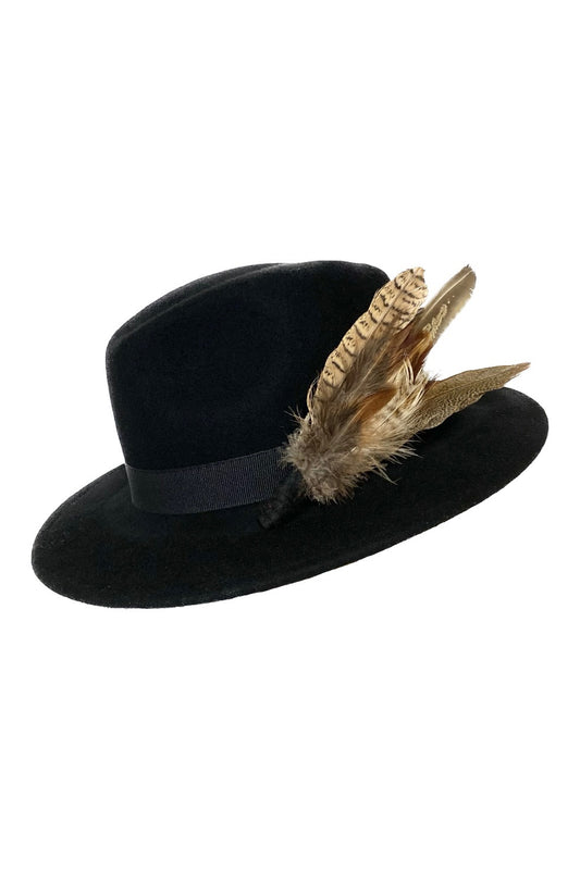Chloe - Black Fedora with Brown Feather Pin