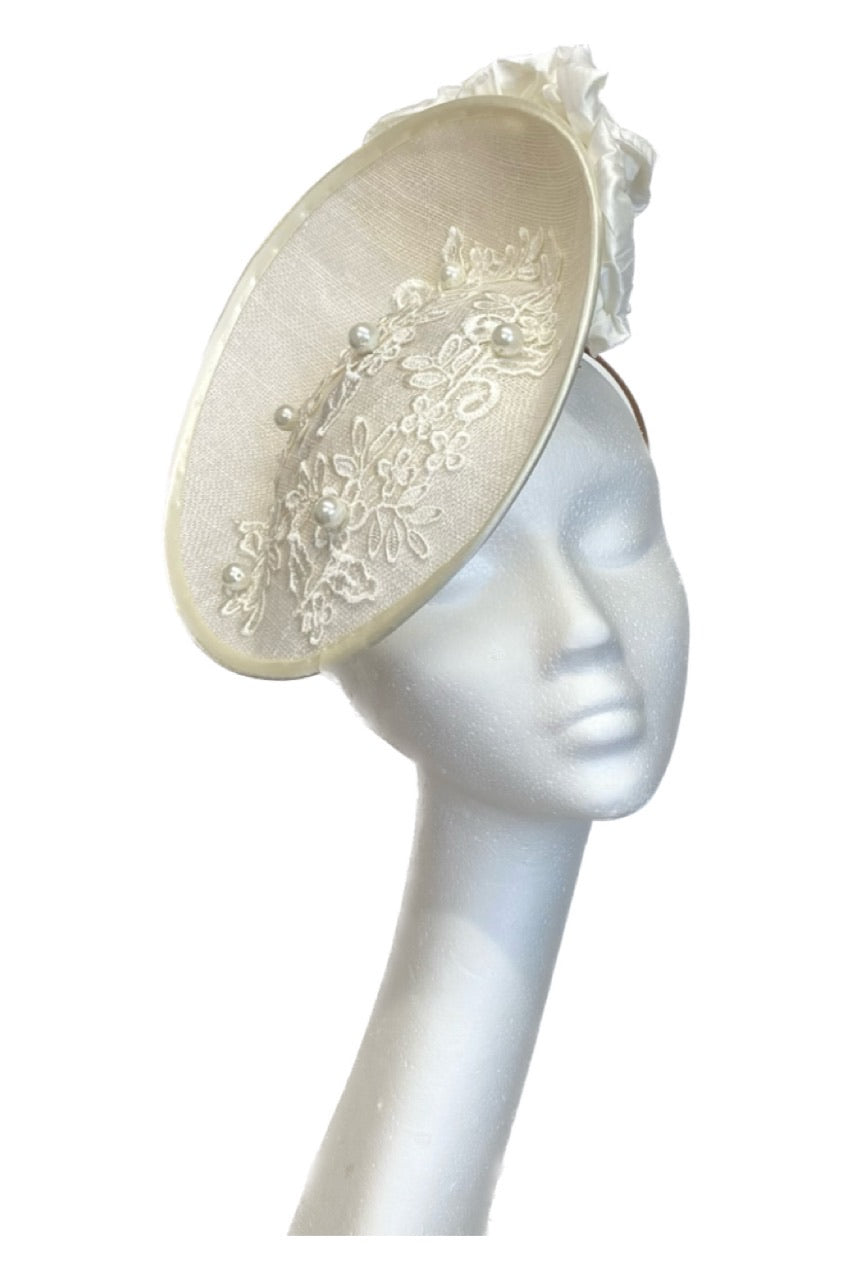 Ivory Headpiece embellished with fabric roses and lace for Hire (W13)