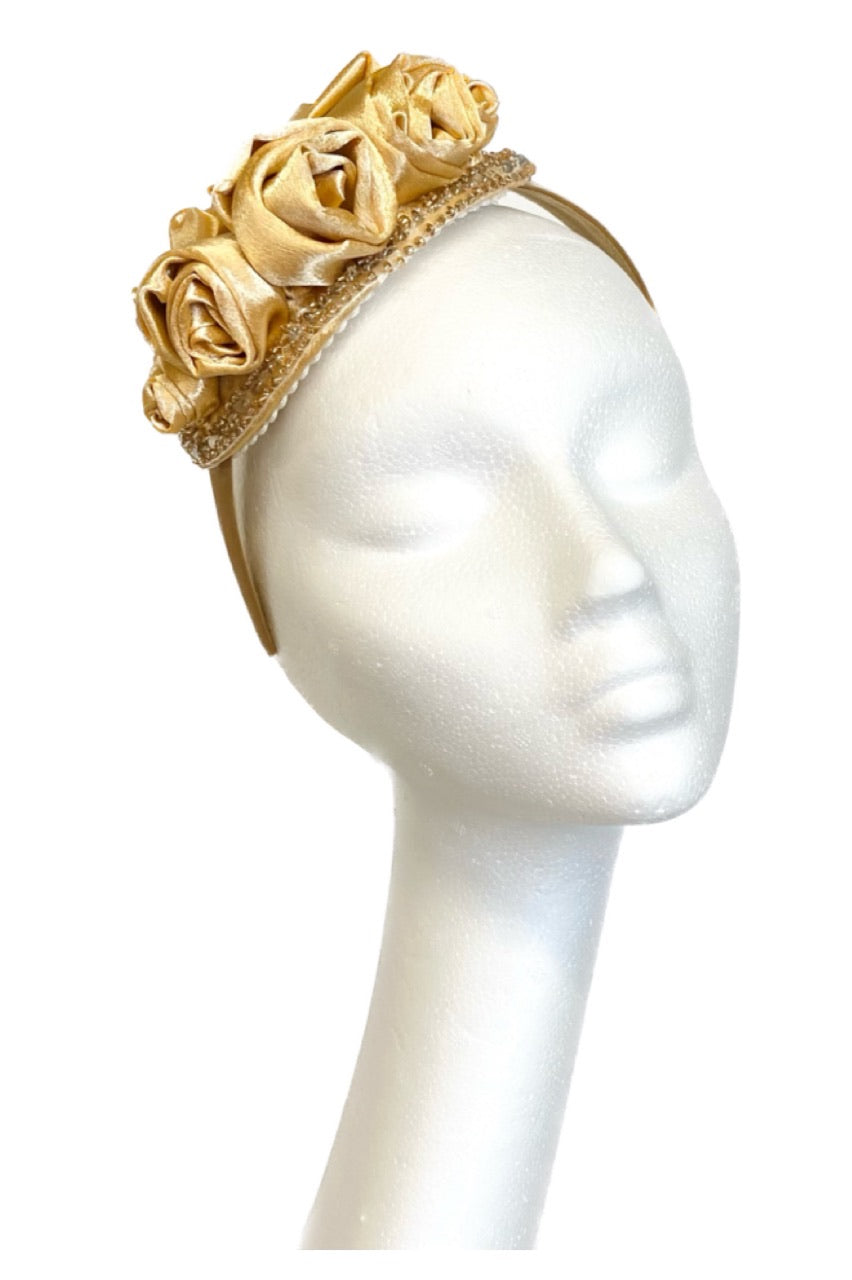 gold satin fascinator for hire