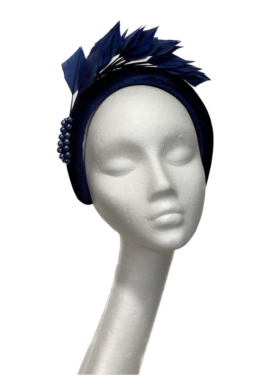 Navy blue feather headband to hire