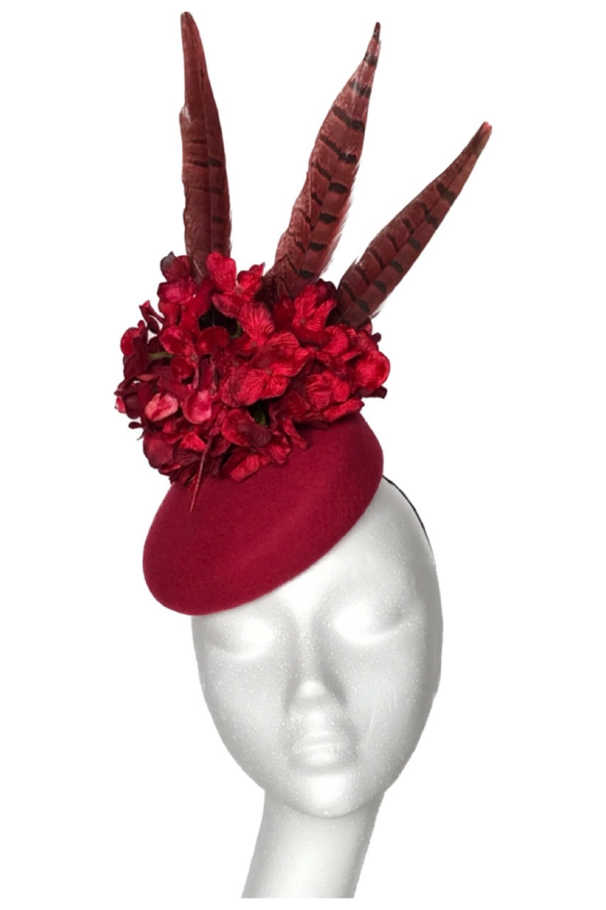 Red Wool Felt Pillbox Hat with Red Pheasant Feathers for Hire (R6)