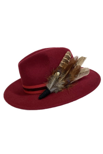 Wine fedora hat with feather pin