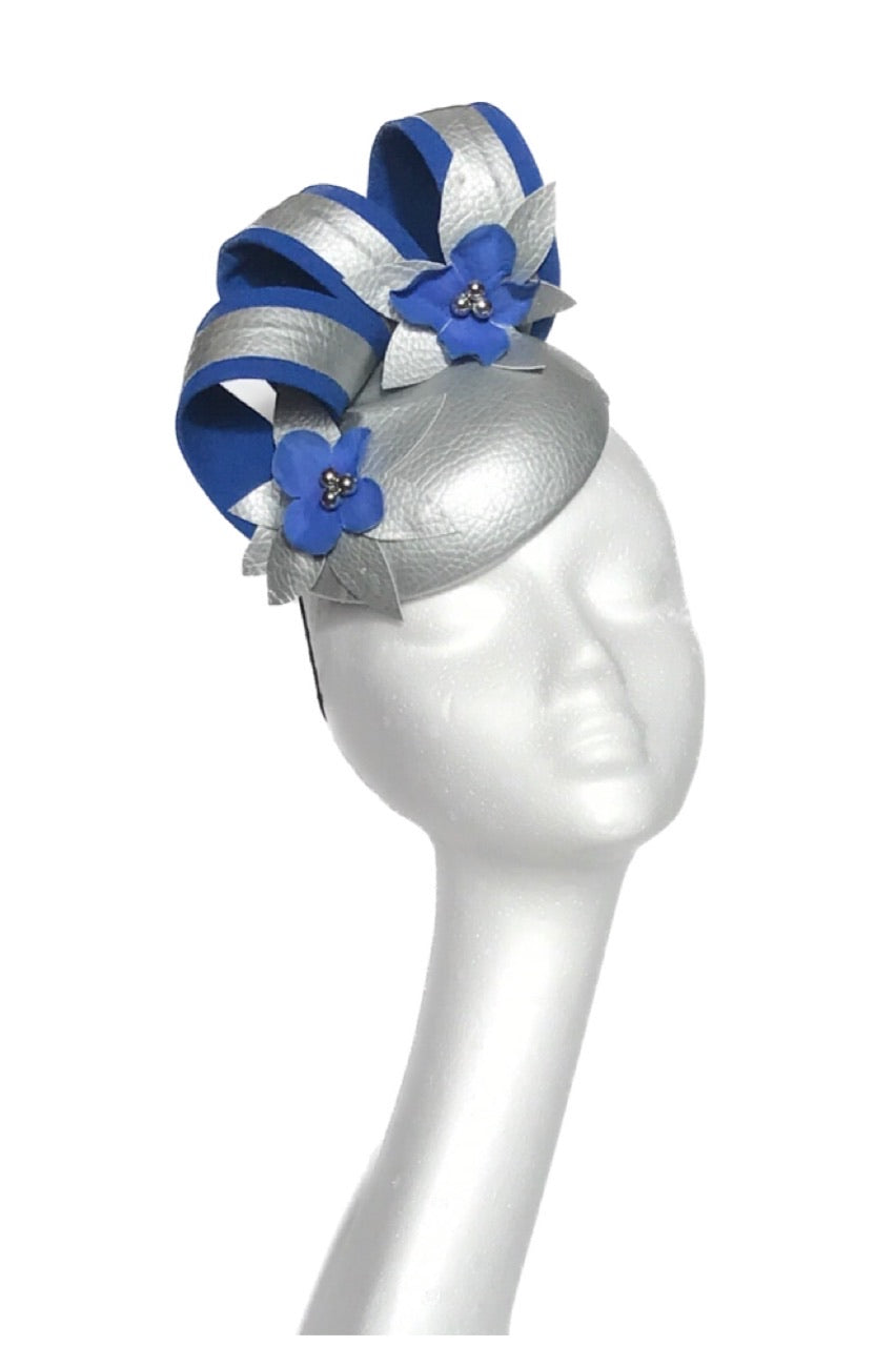 Silver & blue fascinator to hire