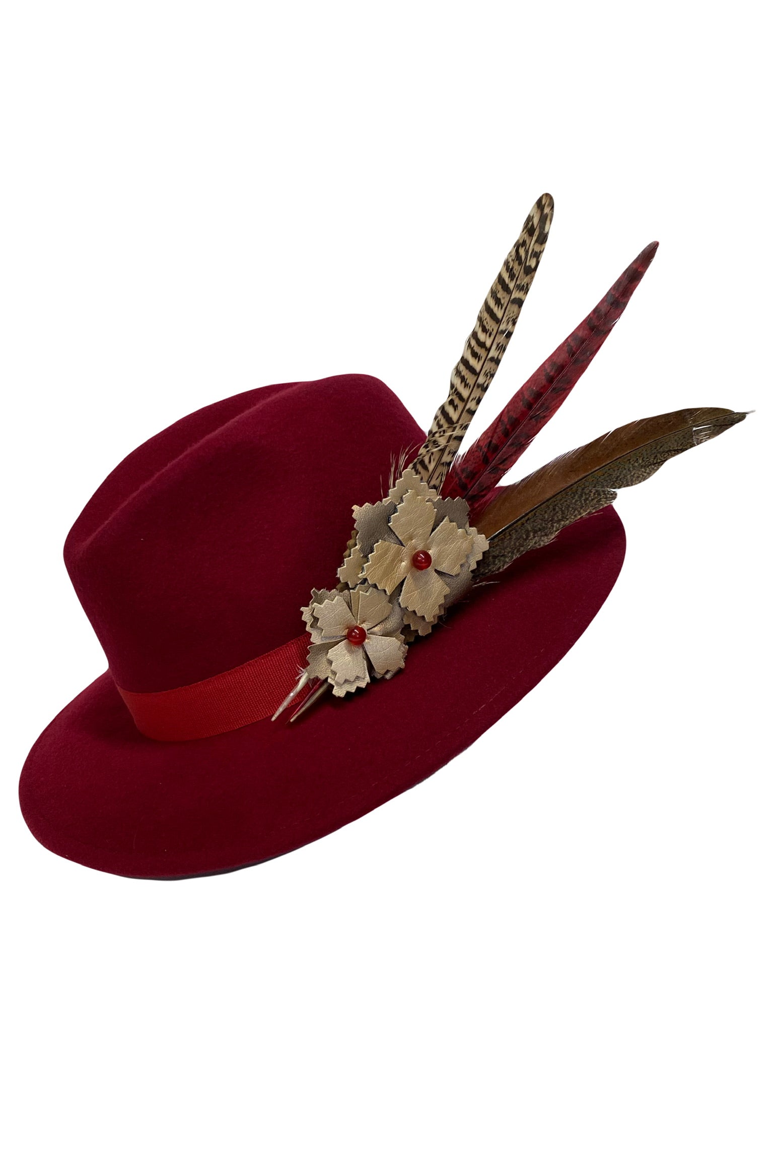 Wine red fedora hat with feather hat pin Cheltenham winter style Alison Roe Millinery