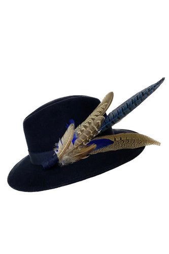 Navy Fedora with Large Blue Feather Pin
