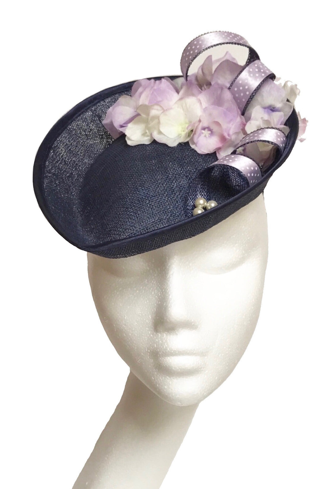 Navy & lilac fascinator to hire