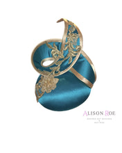 Turquoise & gold designer headpiece, wedding hat fascinator for hire