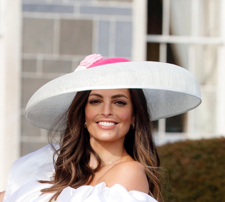 Large Brim Ivory Hat with Hot Pink Crown for Hire (W9)
